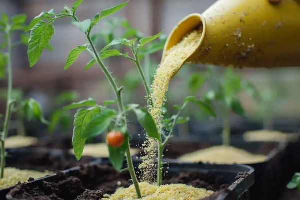 Pouring Cornmeal Over a Tomato Plant