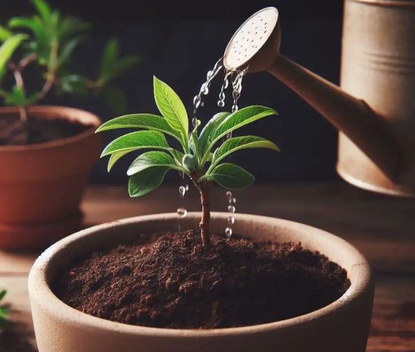 Watering a little almond plant in a pot