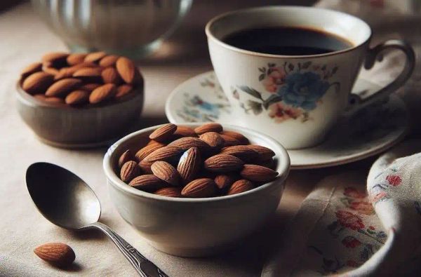 A little bowl of almonds and a coffee