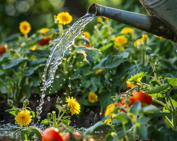 pouring dandelion tea from a bucket