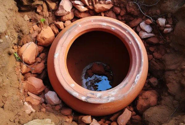 a clay pot buried in the ground