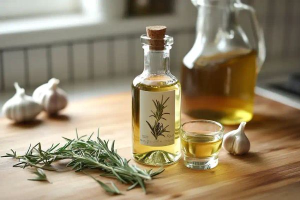 rosemary infused white wine placed on a wooden countertop