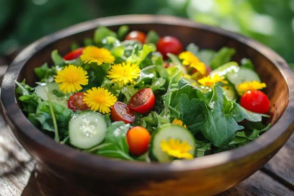 fresh salad featuring dandelion petals