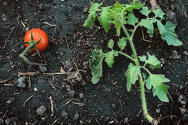 a tomato plant laying on a side on the ground