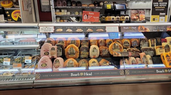 New York, NY, USA - July 11, 2024: Boar's Head deli in Fairway Market on 766 6th Avenue, New York City. It offers a variety of hams, cheeses, sausages, and other products.