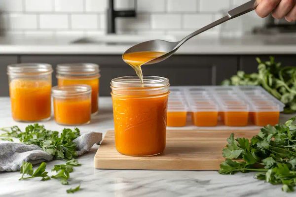 jars and ice cube trays filled with homemade vegetable broth