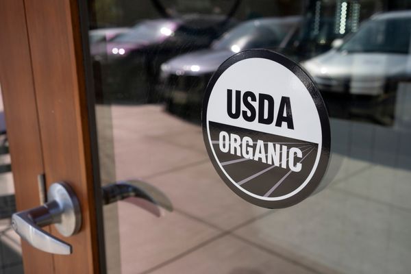 Lake Oswego, OR, USA - Mar 11, 2022: USDA Organic label is seen at the entrance to the Clean Juice, an organic juice bar and food store in Lake Oswego, Oregon.