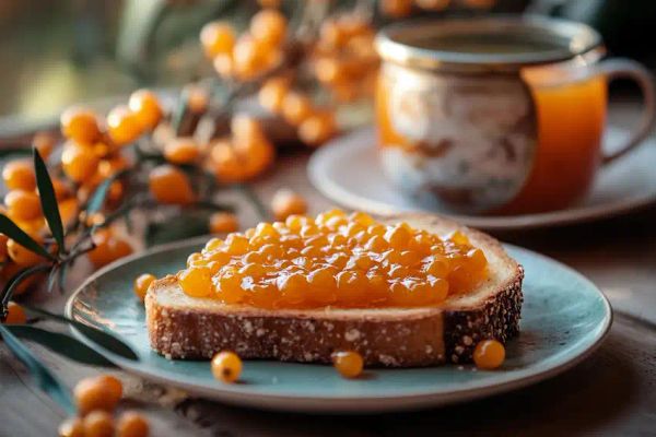 sea buckthorn berries and a jar of jam