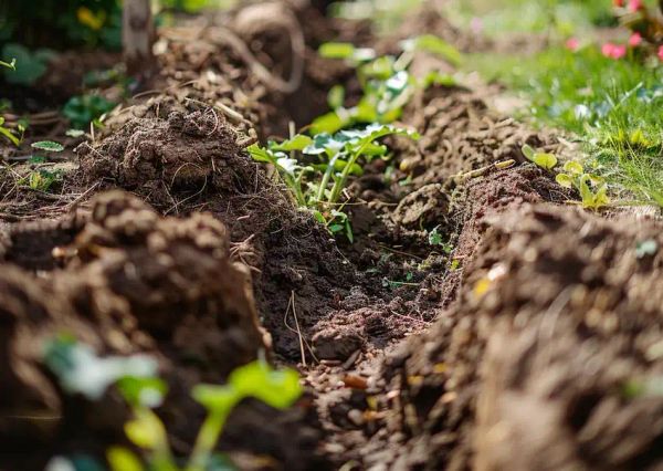 a trench with compost in the garden