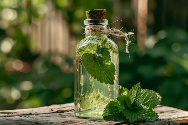 nettle fertilizer syrup on garden table