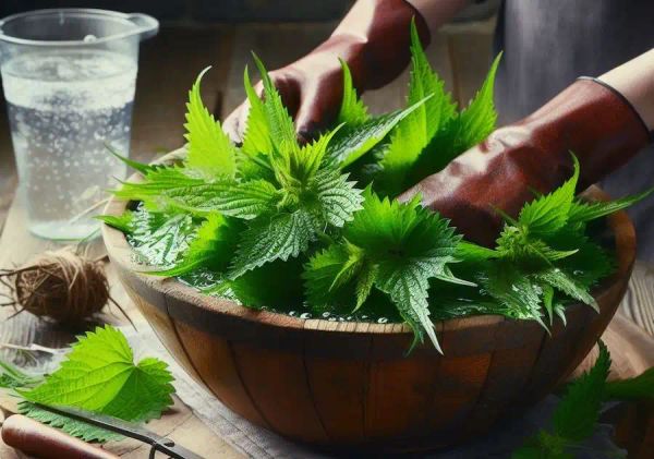 fresh nettle leaves, a large container or bucket, water