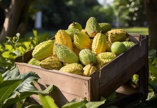 a box with jackfruits