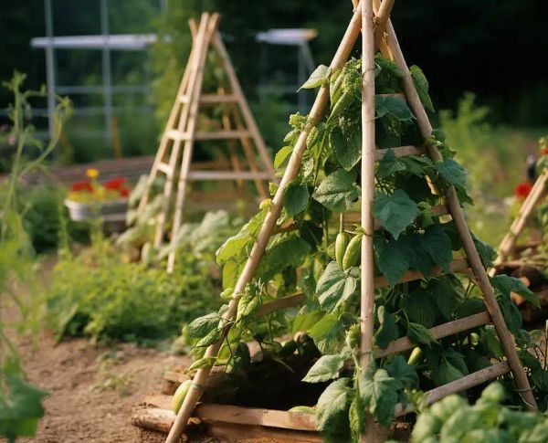 wooden teepee support for growing cucumbers