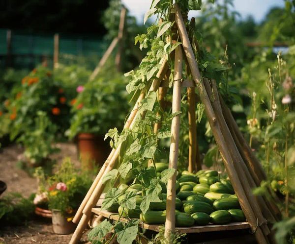 wooden teepee support for growing cucumbers