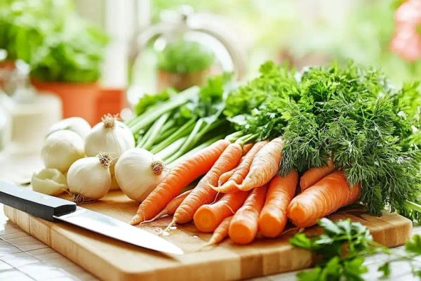 fresh vegetables neatly arranged on a cutting board