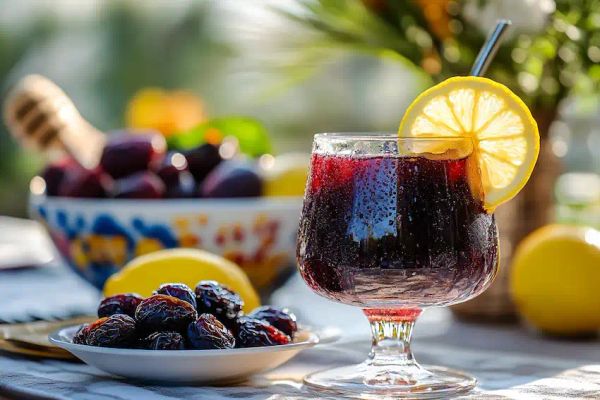 prune compote garnished with a slice of lemon