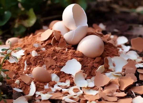 crushed eggshells on the soil in the garden